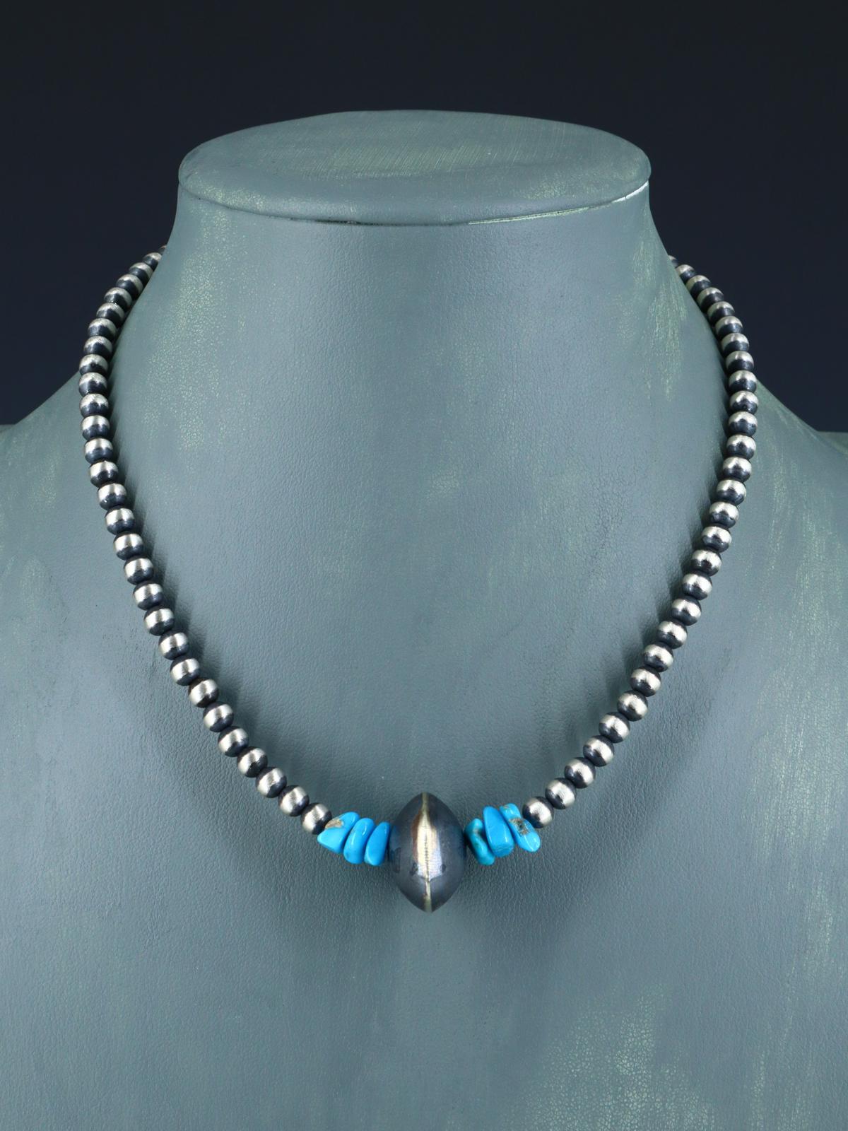Native American Turquoise Nugget and Silver Bead Choker Necklace