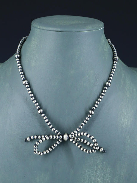16" Navajo Jewelry Single Strand Sterling Silver Bow Beaded Necklace