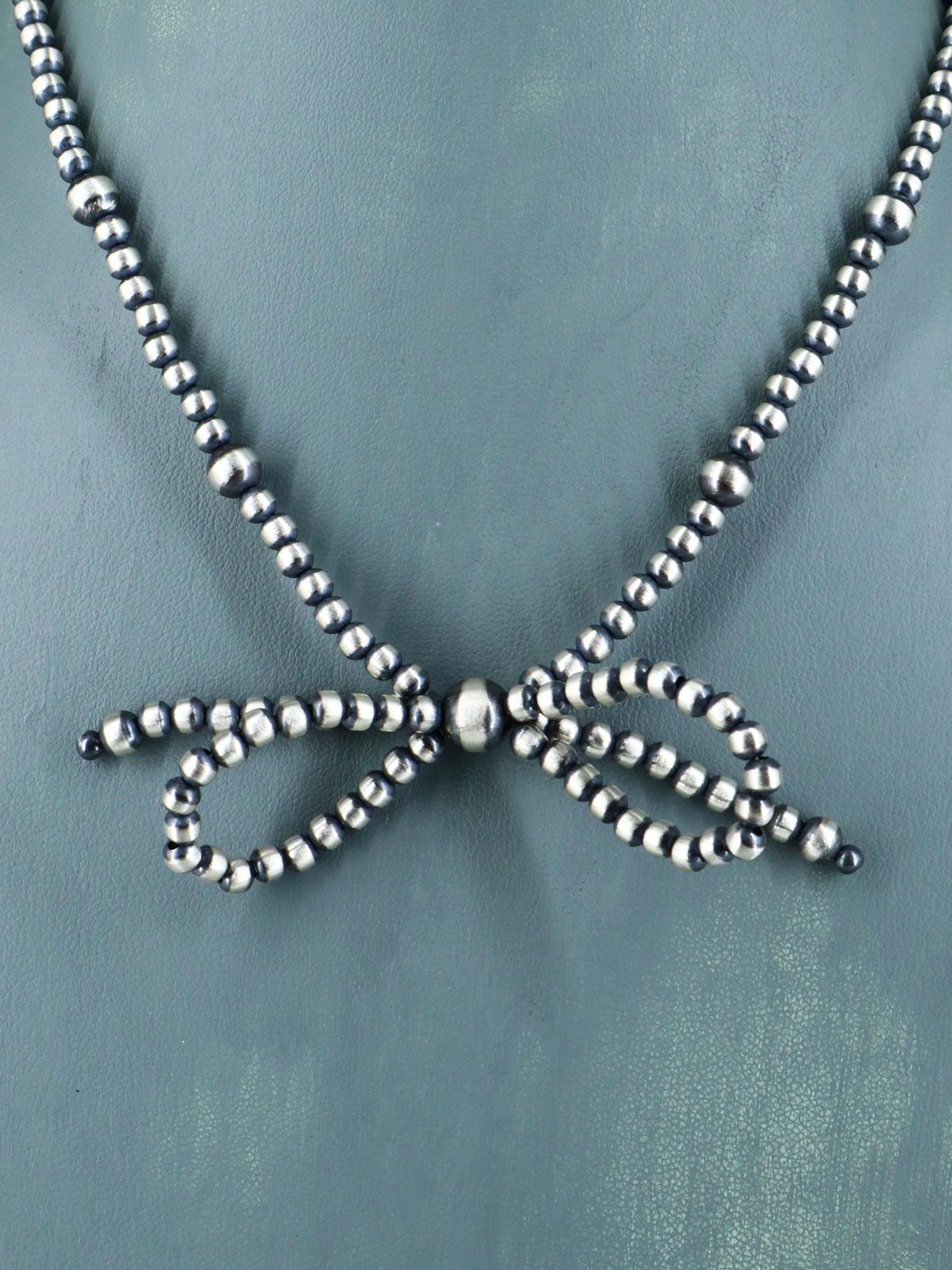 16" Navajo Jewelry Single Strand Sterling Silver Bow Beaded Necklace
