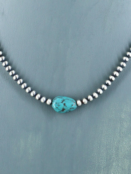18" Native American Turquoise and Silver Bead Necklace