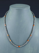 18" Native American Spiny Oyster and Silver Bead Necklace