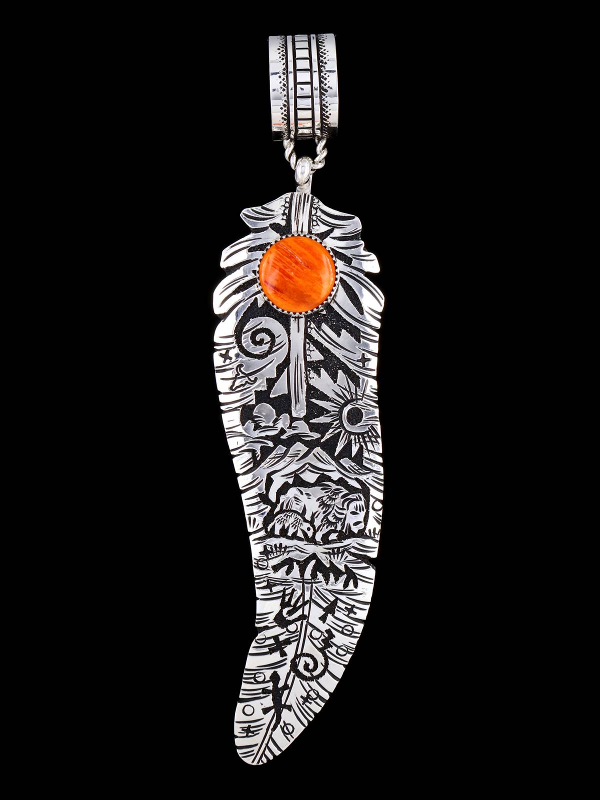 Large Navajo Spiny Oyster Sterling Silver Overlay Feather Pendant - PuebloDirect.com