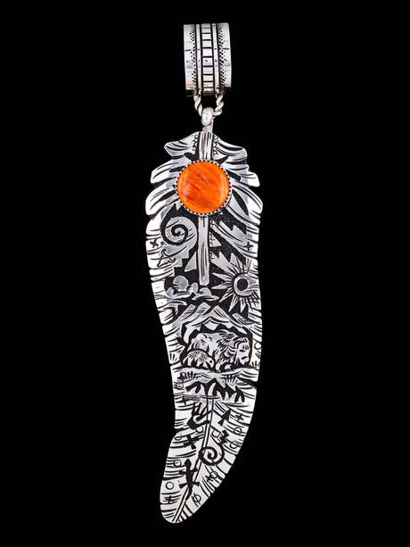 Large Navajo Spiny Oyster Sterling Silver Overlay Feather Pendant - PuebloDirect.com