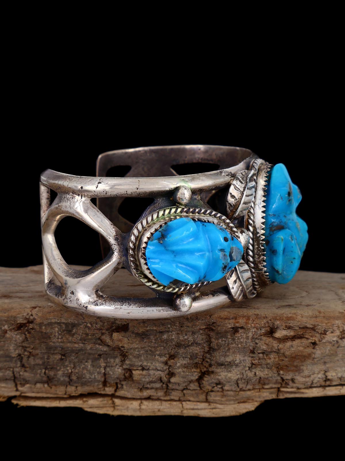 Vintage Zuni Turquoise Carved Frog Sterling Silver Bracelet
