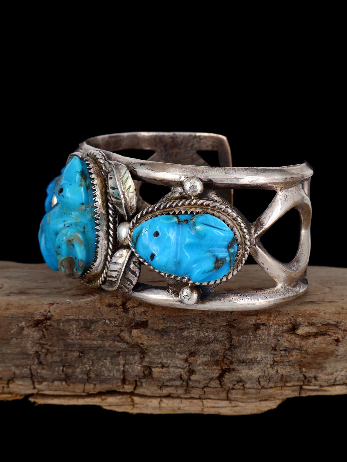 Vintage Zuni Turquoise Carved Frog Sterling Silver Bracelet - PuebloDirect.com