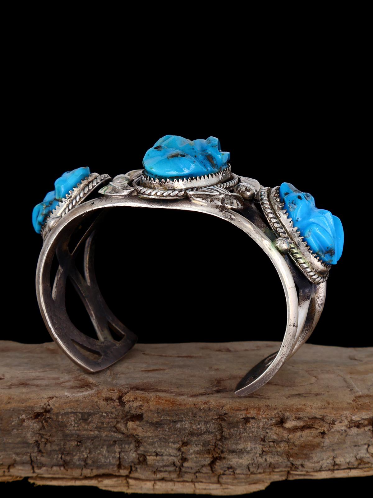 Vintage Zuni Turquoise Carved Frog Sterling Silver Bracelet