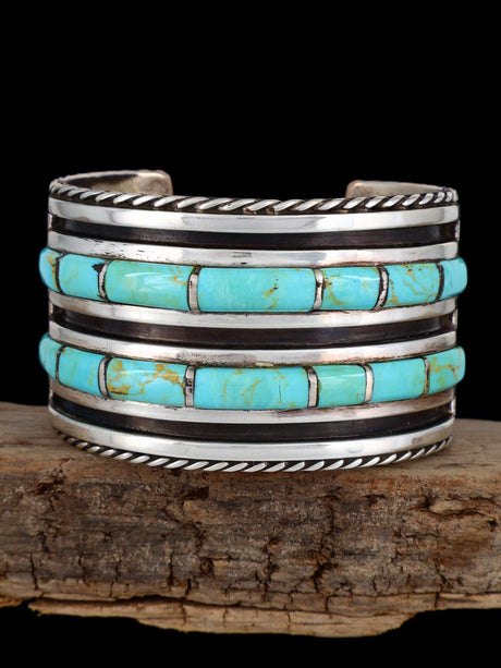 Vintage Navajo Sterling Silver Turquoise Inlay Cuff Bracelet - PuebloDirect.com