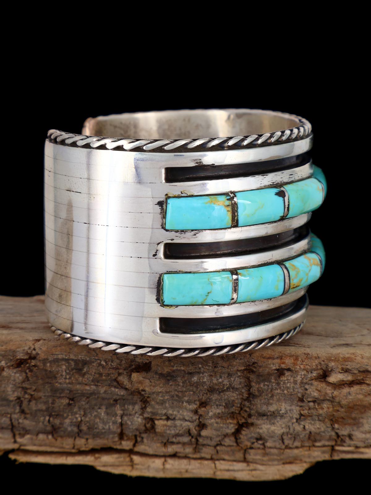 Vintage Navajo Sterling Silver Turquoise Inlay Cuff Bracelet - PuebloDirect.com