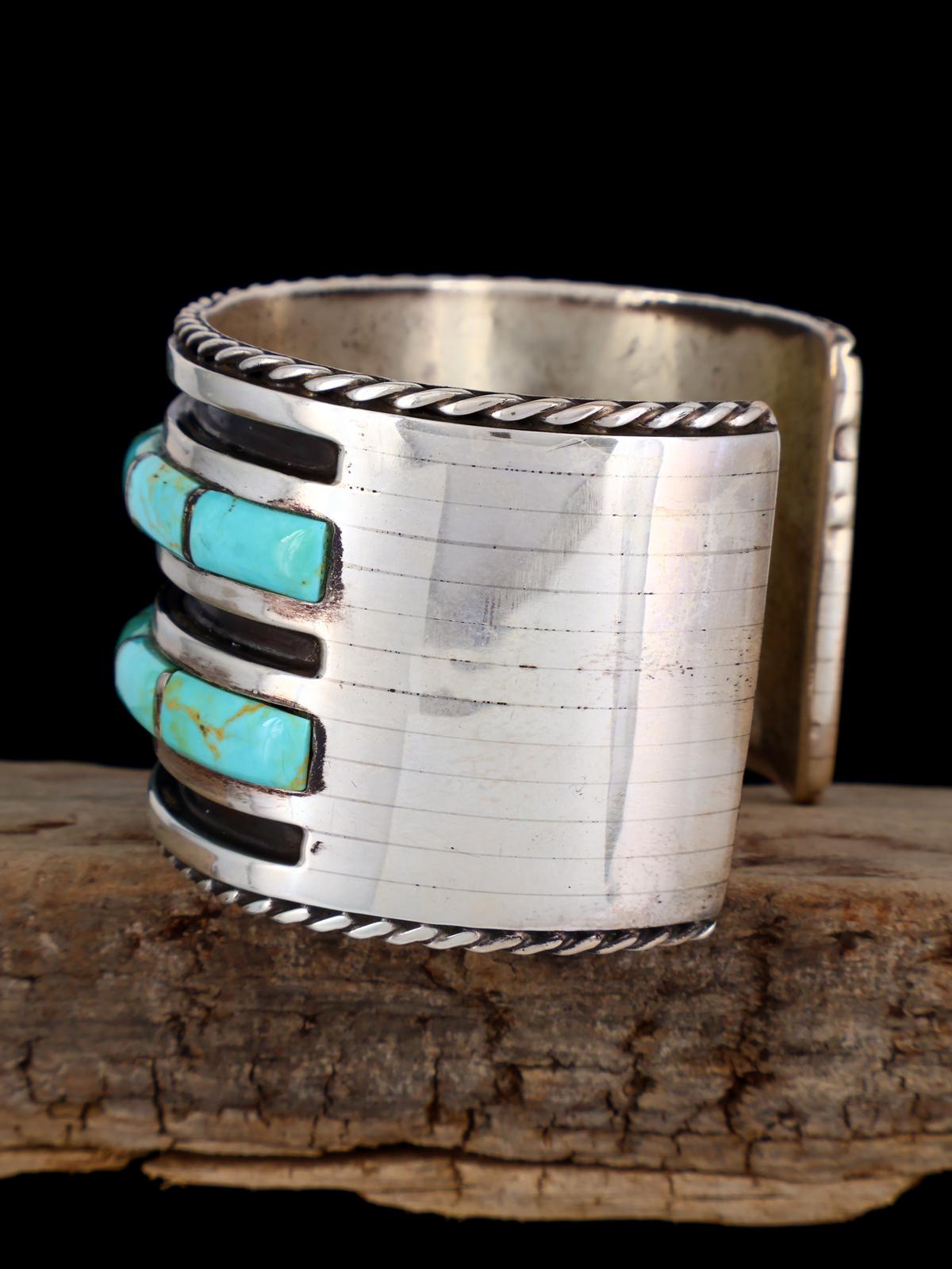 Vintage Navajo Sterling Silver Turquoise Inlay Cuff Bracelet - PuebloDirect.com