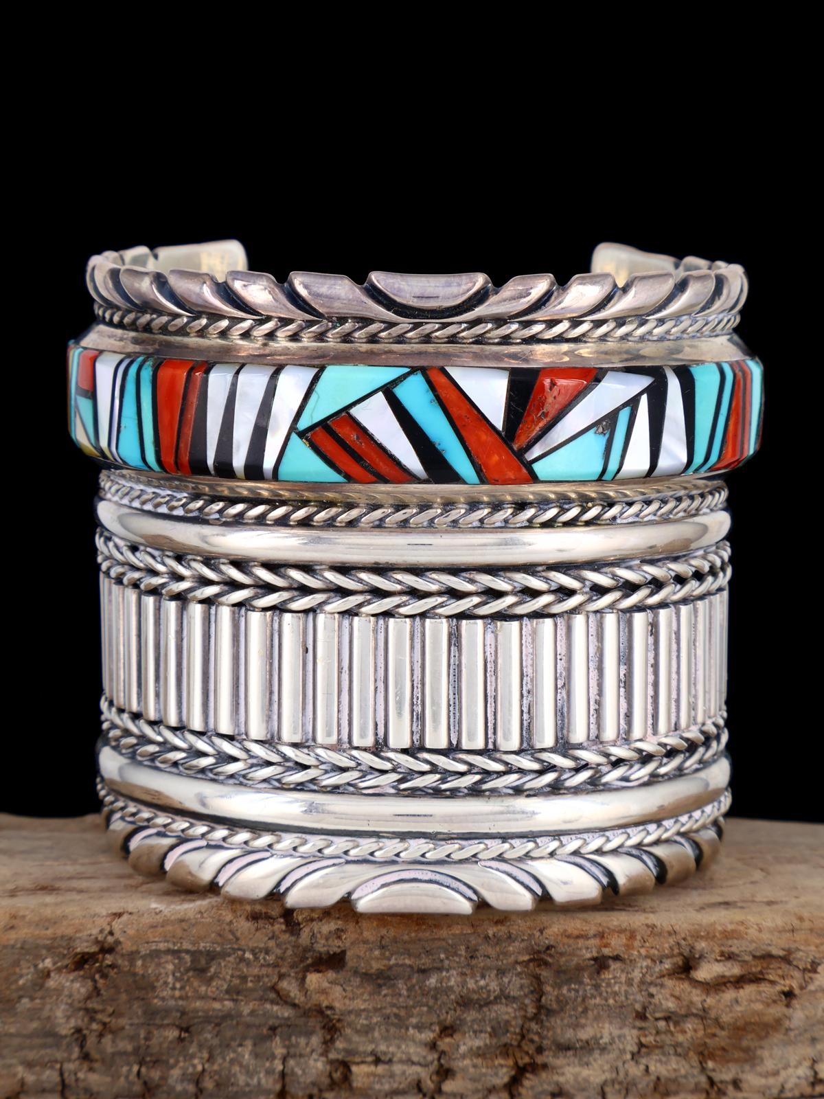 Estate Navajo Sterling Silver Multistone Inlay Cuff Bracelet - PuebloDirect.com
