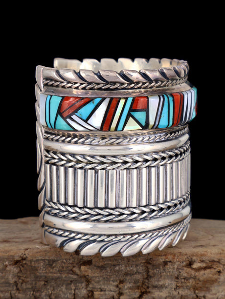 Estate Navajo Sterling Silver Multistone Inlay Cuff Bracelet - PuebloDirect.com