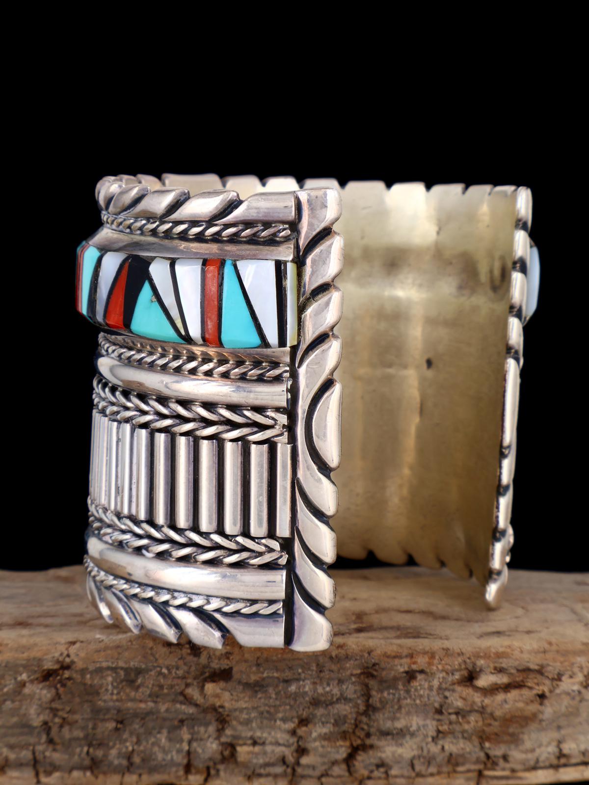 Estate Navajo Sterling Silver Multistone Inlay Cuff Bracelet - PuebloDirect.com