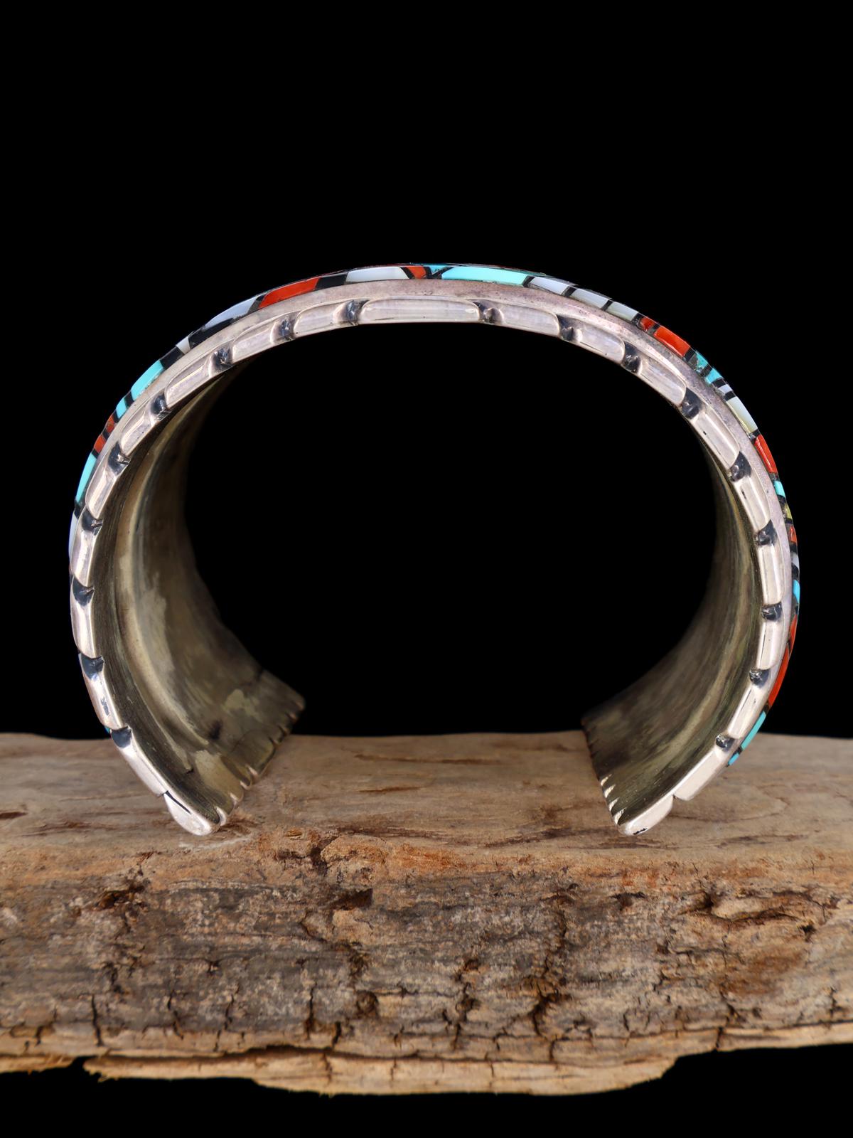 Estate Navajo Sterling Silver Multistone Inlay Cuff Bracelet - PuebloDirect.com