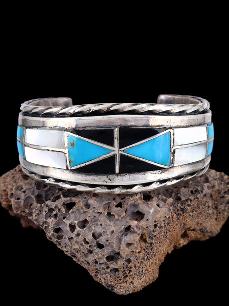 Vintage Estate Navajo Sterling Silver Multistone Inlay Cuff Bracelet - PuebloDirect.com