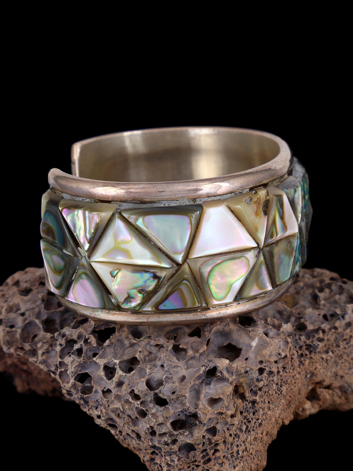 Estate Navajo Sterling Silver Abalone Inlay Cuff Bracelet - PuebloDirect.com