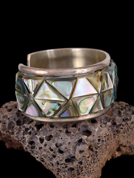 Estate Navajo Sterling Silver Abalone Inlay Cuff Bracelet - PuebloDirect.com