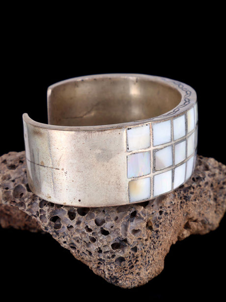 Vintage Estate Navajo Sterling Silver Mother of Pearl Inlay Cuff Bracelet - PuebloDirect.com