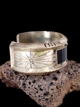Estate Navajo Sterling Silver Jet Inlay Cuff Bracelet - PuebloDirect.com