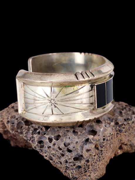 Estate Navajo Sterling Silver Jet Inlay Cuff Bracelet - PuebloDirect.com