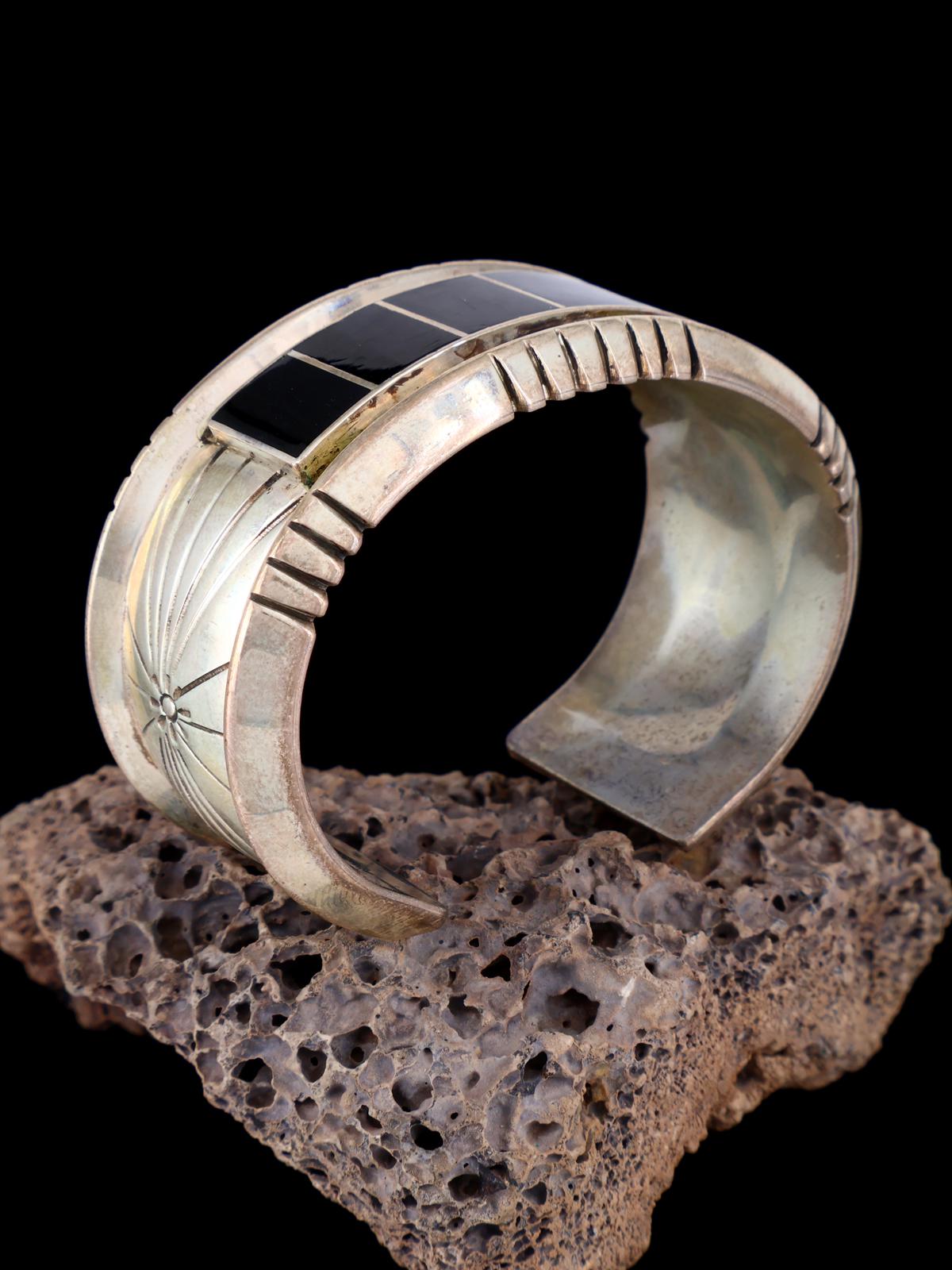 Estate Navajo Sterling Silver Jet Inlay Cuff Bracelet - PuebloDirect.com