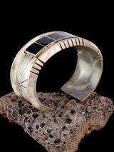 Estate Navajo Sterling Silver Jet Inlay Cuff Bracelet - PuebloDirect.com