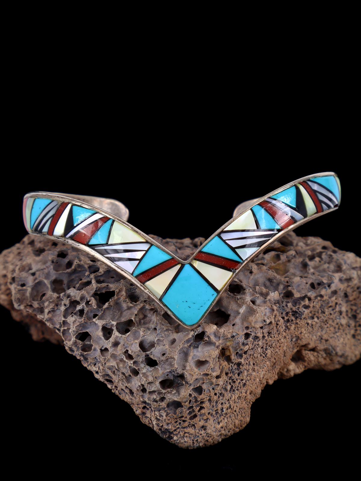 Vintage Estate Sterling Silver Multistone Inlay Cuff Bracelet - PuebloDirect.com