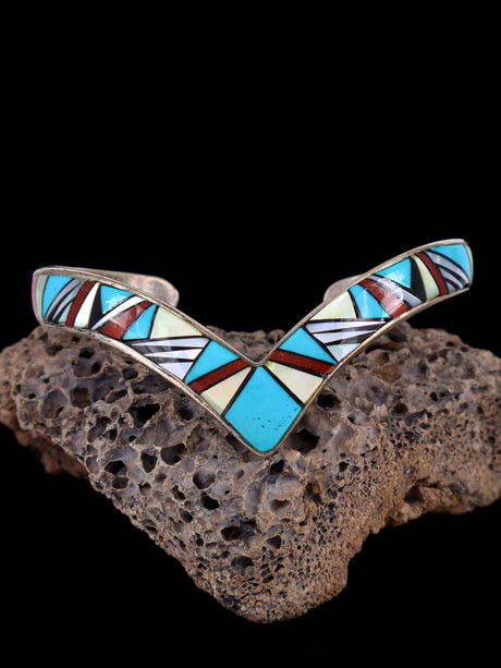 Vintage Estate Sterling Silver Multistone Inlay Cuff Bracelet - PuebloDirect.com