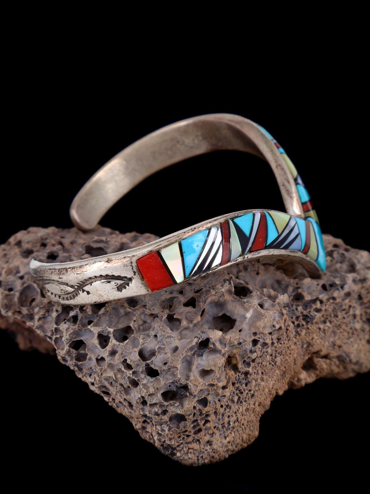 Vintage Estate Sterling Silver Multistone Inlay Cuff Bracelet - PuebloDirect.com