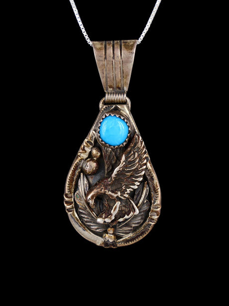 Estate Native American Sterling Silver Turquoise Eagle Pendant - PuebloDirect.com