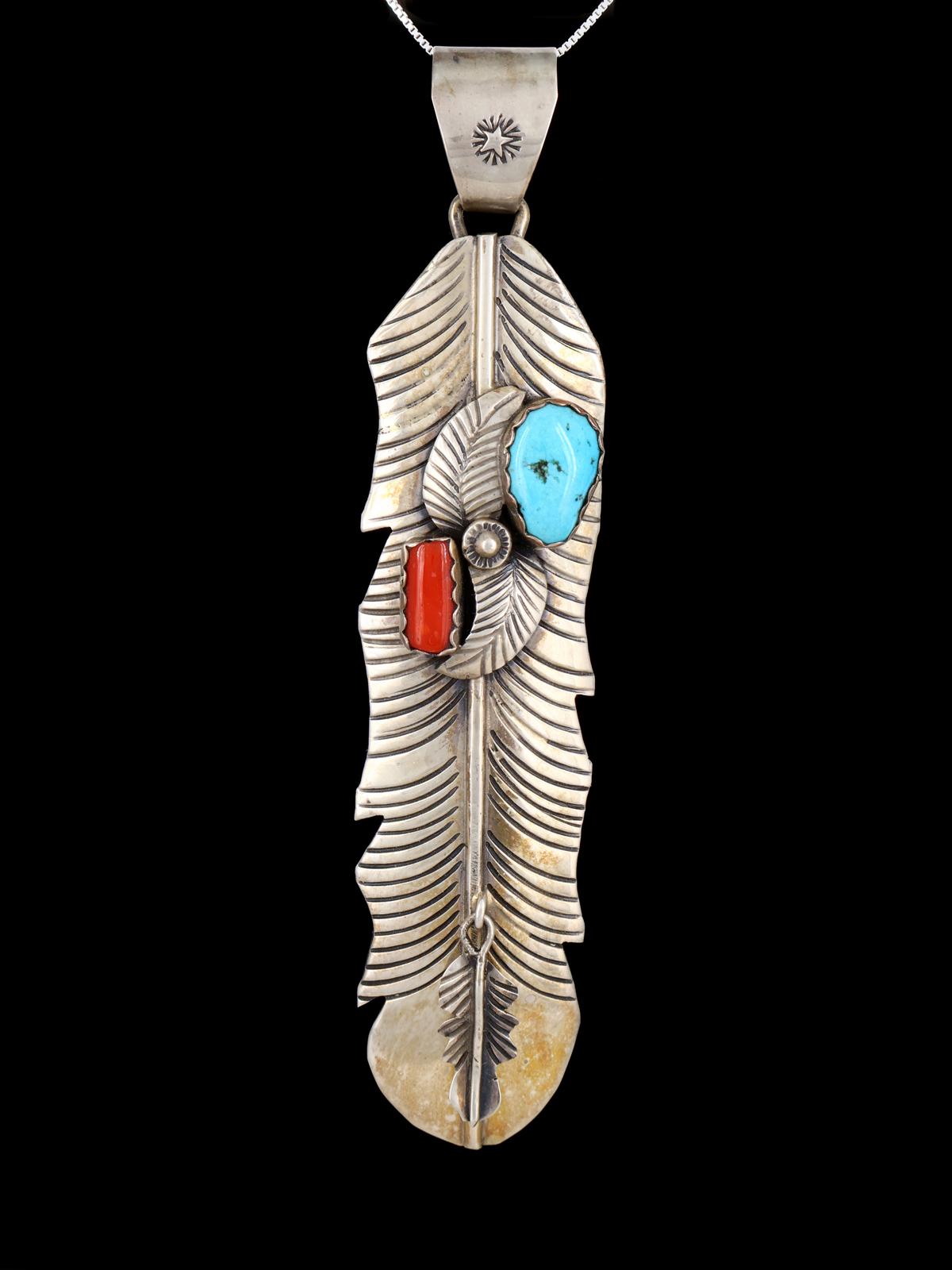 Vintage Large Native American Sterling Silver Turquoise and Coral Feather Pendant - PuebloDirect.com