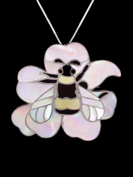 Vintage Old Zuni Flower and Bee Inlay Pin Pendant - PuebloDirect.com
