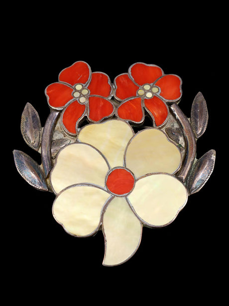 Vintage Old Zuni Flower Inlay Pin Brooch - PuebloDirect.com