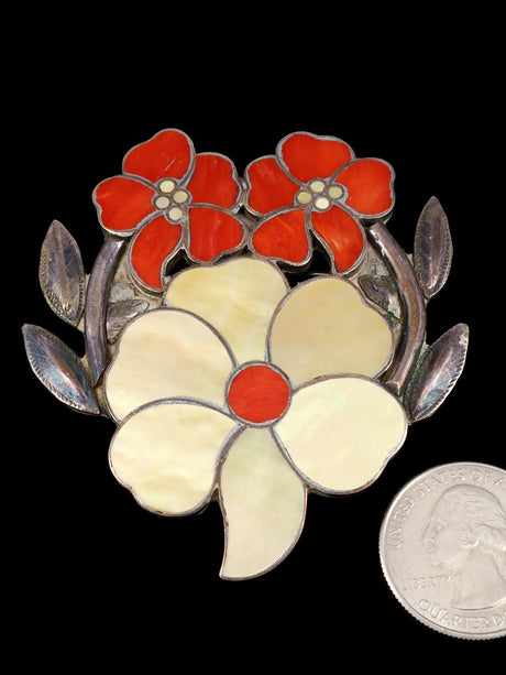 Vintage Old Zuni Flower Inlay Pin Brooch - PuebloDirect.com