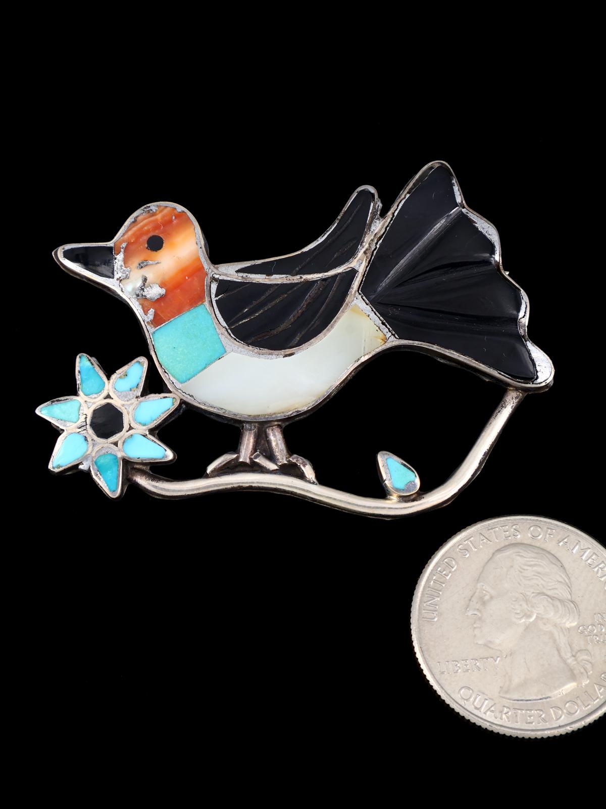 Vintage Zuni Jewelry Sterling Silver Inlaid Bird Brooch Pin - PuebloDirect.com