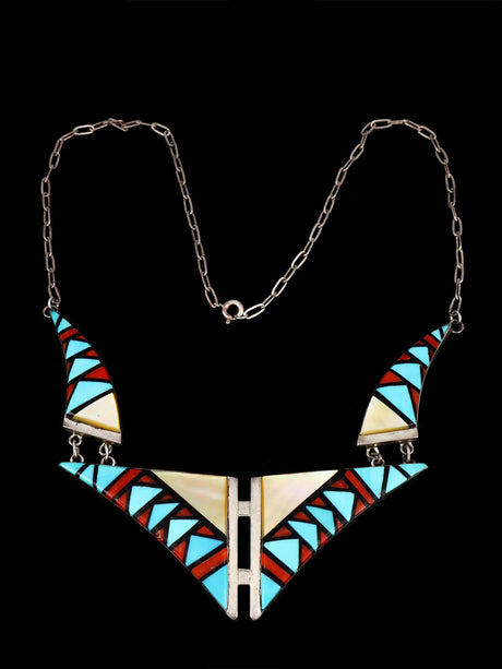 Estate Vintage Native American Inlay Sterling Silver Necklace - PuebloDirect.com