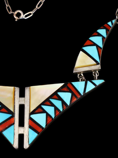 Estate Vintage Native American Inlay Sterling Silver Necklace - PuebloDirect.com