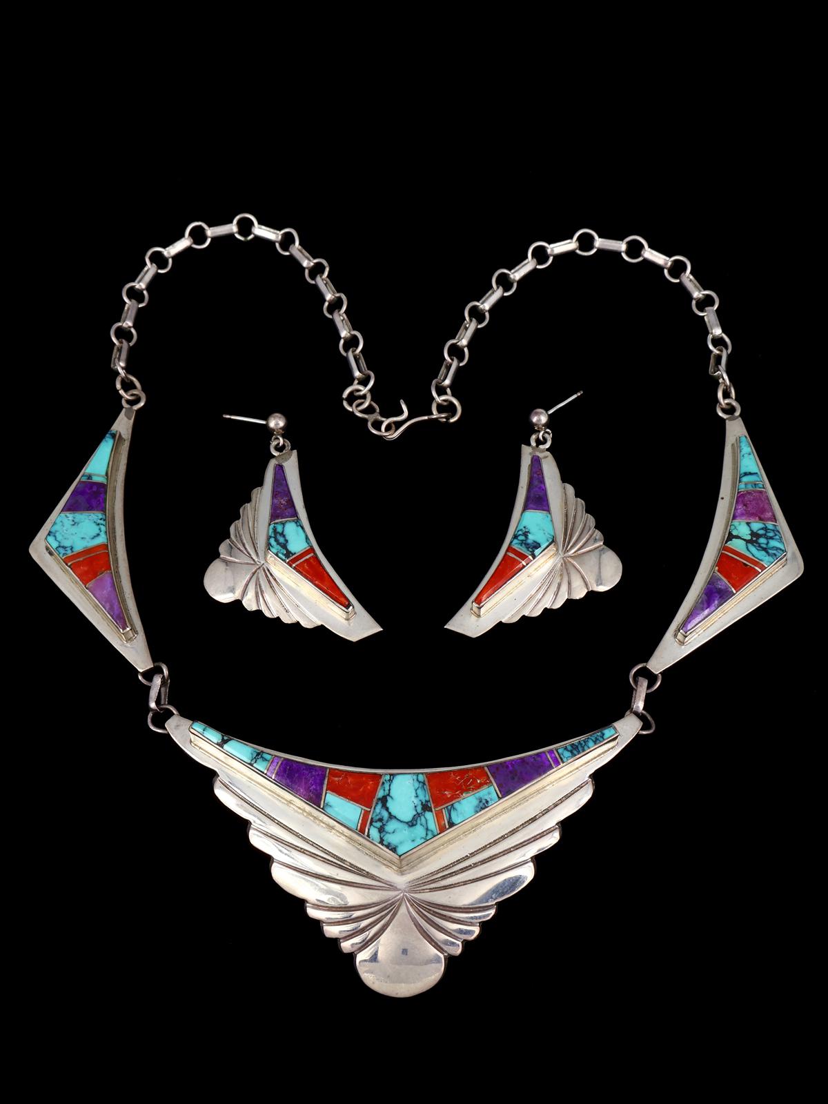 Estate Vintage Navajo Inlay Sterling Silver Necklace Set - PuebloDirect.com