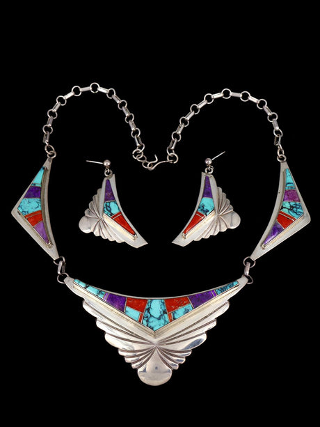 Estate Vintage Navajo Inlay Sterling Silver Necklace Set - PuebloDirect.com