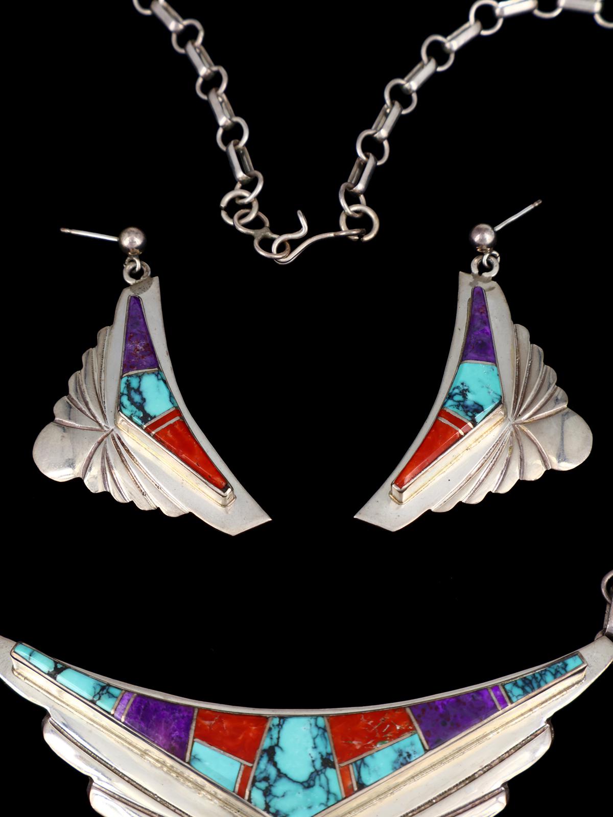 Estate Vintage Navajo Inlay Sterling Silver Necklace Set - PuebloDirect.com