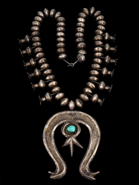 Old Native American Turquoise Sterling Silver Squash Blossom Necklace - PuebloDirect.com