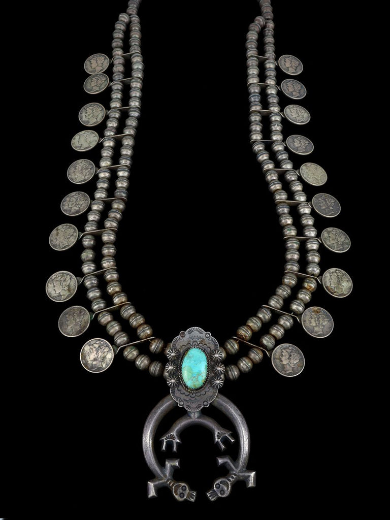 Vintage Old Native American Sterling Silver Turquoise Coin Necklace - PuebloDirect.com