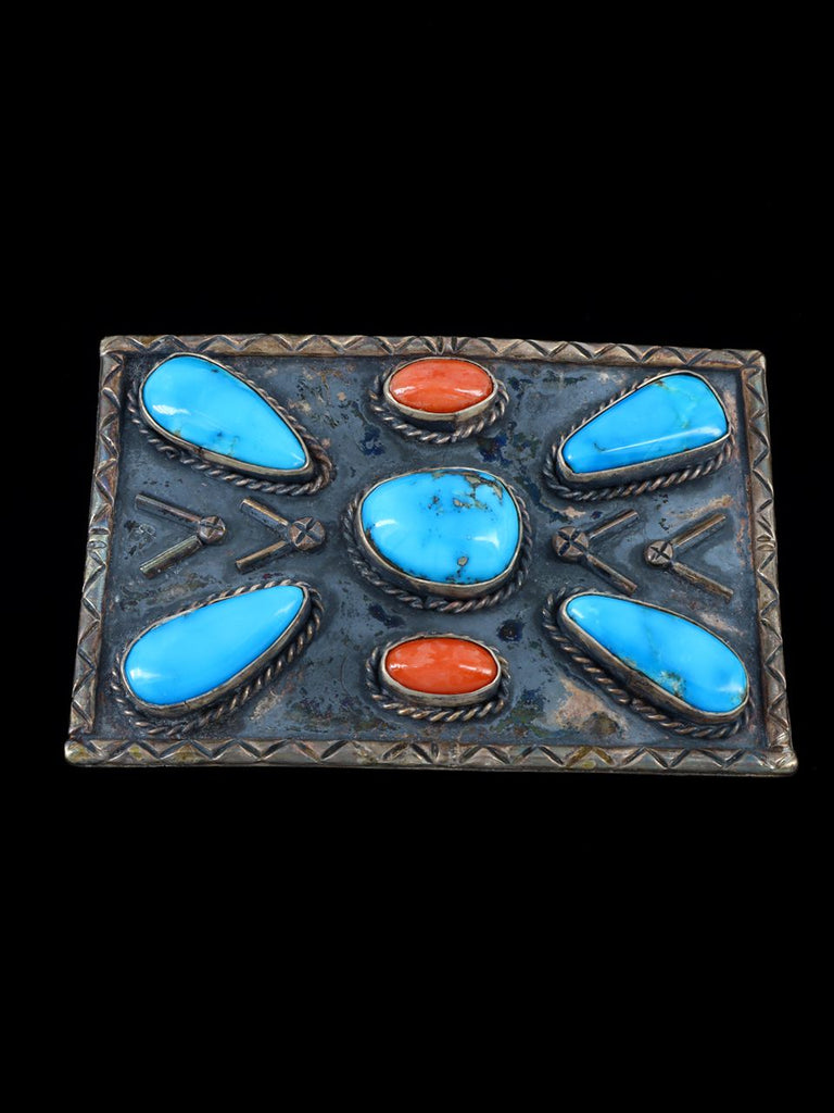 Native American Sterling Silver Vintage Turquoise and Coral Belt Buckle - PuebloDirect.com