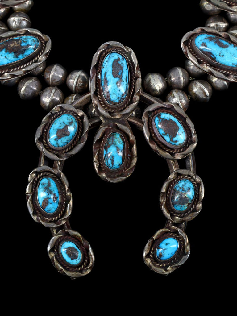 Large Vintage Native American Turquise Sterling Silver Squash Blossom Necklace - PuebloDirect.com