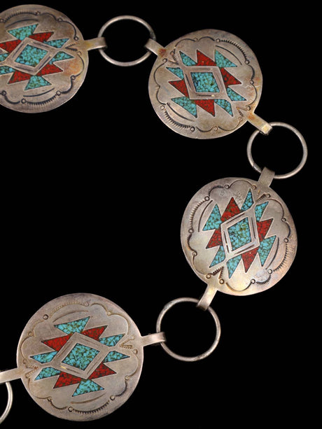 Estate Vintage Navajo Sterling Silver Chip Inlay Concho Belt