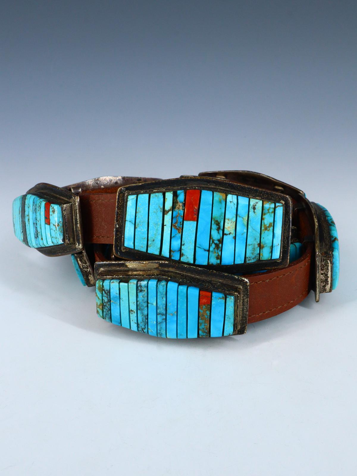 Estate Vintage Native American Sterling Silver Turquoise Inlay Concho Belt - PuebloDirect.com