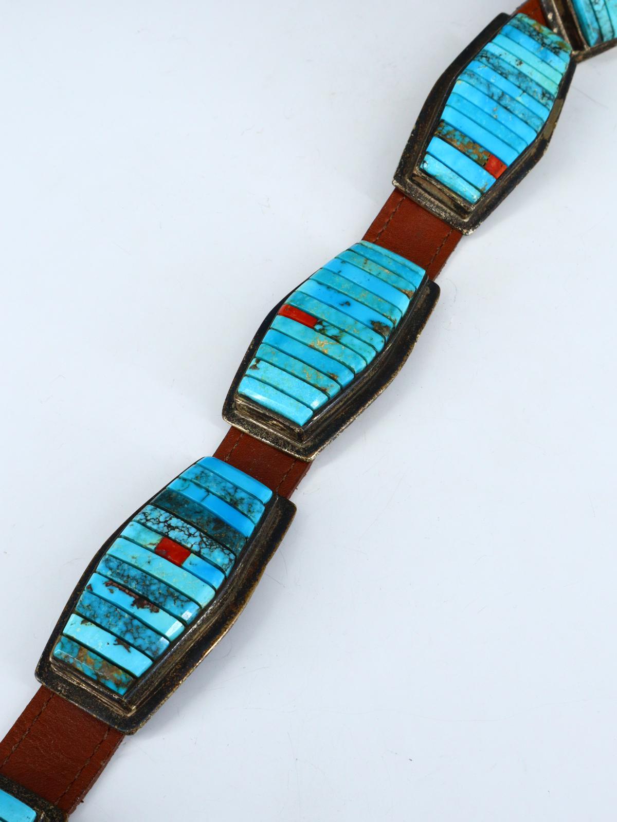 Estate Vintage Native American Sterling Silver Turquoise Inlay Concho Belt