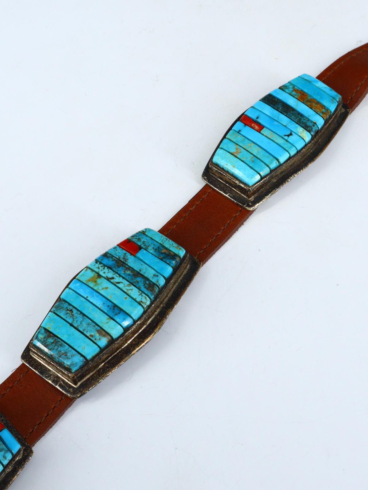 Estate Vintage Native American Sterling Silver Turquoise Inlay Concho Belt