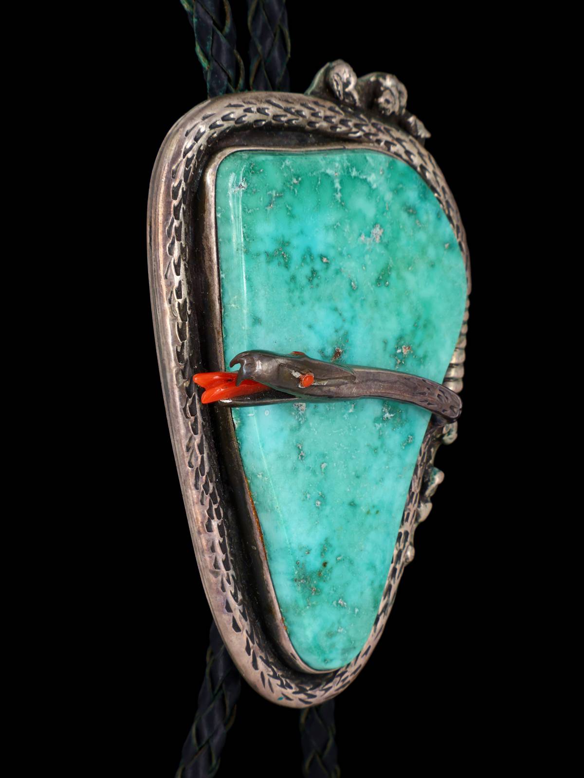 Old Vintage Navajo Jewelry Sterling Silver Turquoise Snake Bolo Tie - PuebloDirect.com