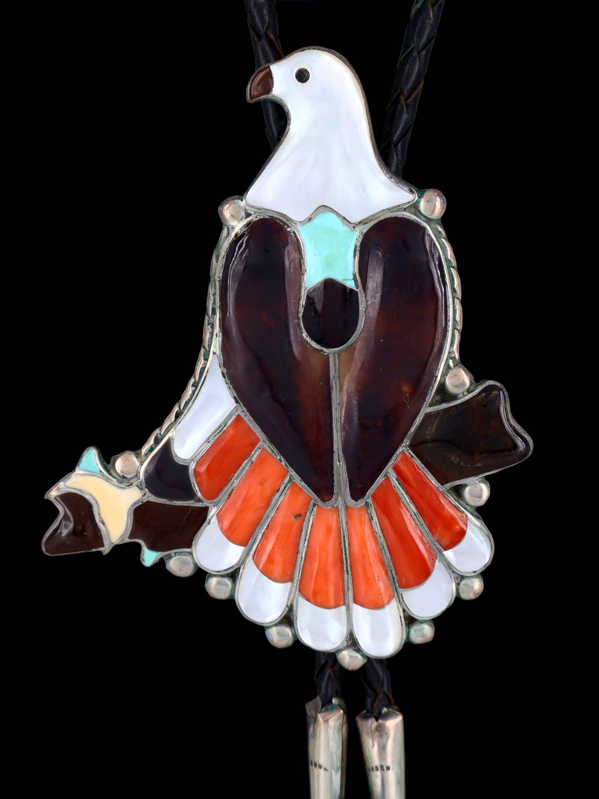 Old Vintage Zuni Jewelry Sterling Silver Inlay Eagle Bolo Tie - PuebloDirect.com
