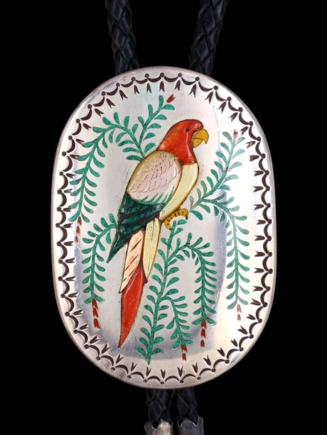 Old Vintage Native Jewelry Sterling Silver Inlay Parrot Bolo Tie - PuebloDirect.com